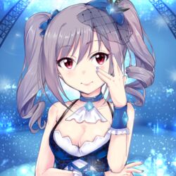  bad_id bad_pixiv_id breasts choker cleavage commentary_request drill_hair female frills gem grey_hair hair_ribbon hat idolmaster idolmaster_cinderella_girls kalian kanzaki_ranko light looking_at_viewer mini_hat nail_polish red_eyes ribbon smile solo sparkle twin_drills veil 