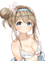  bad_id bad_pixiv_id bare_shoulders bikini blue_eyes blue_hairband blue_jacket blush breasts brown_hair cleavage closed_mouth collarbone commentary_request female girls&#039;_frontline hair_between_eyes hair_bun hairband highres jacket long_hair medium_breasts off_shoulder official_alternate_costume open_clothes open_jacket sashima sidelocks simple_background single_hair_bun single_side_bun solo suomi_(girls&#039;_frontline) suomi_(midsummer_pixie)_(girls&#039;_frontline) swimsuit upper_body white_background white_bikini 