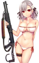  :o absurdres ammunition arm_behind_back bad_id bad_pixiv_id bare_shoulders bikini black_ribbon breasts cleavage cleavage_cutout clothing_cutout collarbone commentary_request cowboy_shot eyeshadow female flower franz_(217franz) girls&#039;_frontline grey_hair gun hair_flower hair_ornament hair_ribbon highres holding holding_gun holding_weapon large_breasts looking_at_viewer makeup navel official_alternate_costume open_mouth pump_action red_eyes red_ribbon ribbon short_hair shotgun shotgun_shell side-tie_bikini_bottom solo spas-12 spas-12_(girls&#039;_frontline) spas-12_(midsummer_fruit)_(girls&#039;_frontline) stomach strapless strapless_bikini swimsuit thigh_strap weapon white_flower 