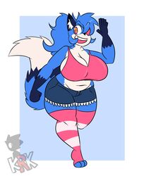  2018 5_fingers anthro belly big_breasts biped blue_body blue_fur bottomwear breasts canid canine cleavage clothed clothing crop_top curvy_figure deep_navel digital_media_(artwork) eye_patch eyewear feet female fingers footwear fox front_view fur hair hi_res kingretrokirby lazuli_(doggod.va) legwear looking_at_viewer mammal midriff multicolored_body multicolored_eyes multicolored_fur multicolored_tail navel open_mouth open_smile pattern_clothing pattern_footwear pattern_legwear pattern_socks pink_eyes purple_eyes shirt shorts slightly_chubby smile socks solo striped_clothing striped_footwear striped_legwear striped_socks stripes tail thick_thighs thigh_highs toes topwear two_tone_eyes voluptuous white_body white_fur wide_hips 