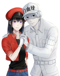  1boy bad_id bad_pixiv_id baseball_cap belt belt_buckle black_eyes black_hair black_shirt blue_eyes buckle closed_mouth couple female gloves hand_on_another&#039;s_shoulder hat hataraku_saibou holding_hands interlocked_fingers jacket long_sleeves looking_at_viewer medium_hair military_jacket nt-4201 open_clothes open_jacket print_headwear red_belt red_blood_cell_(hataraku_saibou) red_headwear red_jacket shirt simple_background sleeves_rolled_up smile straight u-4989 white_background white_blood_cell_(hataraku_saibou) white_gloves white_headwear white_jacket yomiyomi_p 