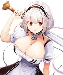  anchor_choker azur_lane black_dress blue_ribbon breasts cleavage closed_mouth collarbone commentary_request dress female fingernails frilled_sleeves frills hairband hand_up highres holding holding_sword holding_weapon huge_breasts lace-trimmed_hairband lace_trim lips looking_to_the_side pink_ribbon puffy_short_sleeves puffy_sleeves raised_eyebrows red_eyes ribbon shiny_skin short_hair short_sleeves simple_background sirius_(azur_lane) solo sword two-tone_dress utata_(122) weapon white_background white_dress white_hair 