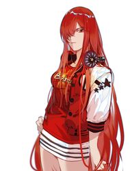  alternate_costume buster_shirt closed_mouth cosplay csyday fate/grand_order fate_(series) female hair_over_one_eye hand_on_own_hip headphones headphones_around_neck highres jacket letterman_jacket long_hair looking_at_viewer oda_nobunaga_(fate) oda_nobunaga_(maou_avenger)_(fate) oda_nobunaga_(swimsuit_berserker)_(fate) oda_nobunaga_(swimsuit_berserker)_(fate)_(cosplay) oda_nobunaga_(swimsuit_berserker)_(first_ascension)_(fate) open_clothes open_jacket red_eyes red_hair red_shirt shirt simple_background solo very_long_hair white_background 