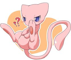  2016 ambiguous_gender blue_eyes blush blush_lines featureless_crotch fur generation_1_pokemon legendary_pokemon mei_(artist) mew_(pokemon) nintendo pink_body pink_fur pokemon pokemon_(species) question_mark simple_background solo tail 