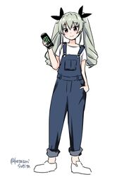  anchovy_(girls_und_panzer) black_ribbon can casual closed_mouth commentary drill_hair drink_can female full_body girls_und_panzer green_hair hair_ribbon hand_in_pocket holding holding_can katakori_sugita long_hair looking_at_viewer monster_energy one-hour_drawing_challenge overalls red_eyes ribbon shirt short_sleeves simple_background smile soda_can solo standing t-shirt twin_drills twintails twitter_username white_background white_footwear white_shirt 