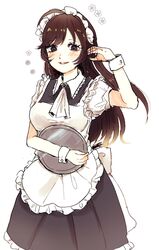  adjusting_hair ahoge apron arai_ako black_hair blush bright_pupils brown_eyes commentary_request female flower frills girls_und_panzer highres holding isuzu_hana long_hair looking_at_viewer maid maid_apron maid_headdress open_mouth simple_background smile solo tray white_background white_pupils 