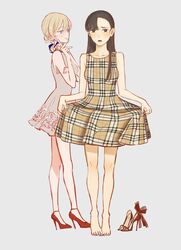  2girls banira_(oocooocooocoo) bare_legs black_hair blonde_hair blue_eyes blunt_bangs blush braid brown_eyes checkered_clothes checkered_dress collarbone commentary_request darjeeling_(girls_und_panzer) dress fashion feet french_braid girls_und_panzer grey_background hand_on_own_cheek hand_on_own_face high_heels highres legs long_hair looking_at_another multiple_girls nail_polish nishi_kinuyo open_mouth shoes simple_background smile standing swept_bangs thighs tied_hair unworn_shoes 