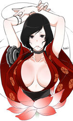  arms_behind_head black_hair breasts breasts_apart brown_eyes butcha-u choker cleavage commentary_request female highres japanese_clothes kimono kurenai_(red_ninja) large_breasts looking_at_viewer red_ninja short_hair simple_background solo string white_background 