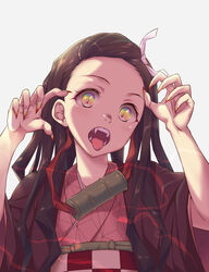  akihazama bad_id bad_pixiv_id bit_gag brown_hair checkered_sash claw_pose commentary_request fangs female fingernails forehead gag gag_around_neck hair_ribbon highres japanese_clothes kamado_nezuko kimetsu_no_yaiba kimono long_fingernails long_hair long_sleeves looking_at_viewer multicolored_eyes nail_polish obi open_clothes open_mouth orange_nails pink_kimono ribbon sash sharp_fingernails slit_pupils solo teeth tongue tongue_out unworn_gag upper_body white_ribbon wide_sleeves 