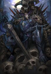  armor commentary_request fake_horns fate/grand_order fate_(series) full_armor glowing glowing_eyes helmet horned_helmet horns king_hassan_(fate) male_focus mask pauldrons pile_of_skulls shoulder_armor shousuke_(skirge) sitting skull_mask sword throne weapon 