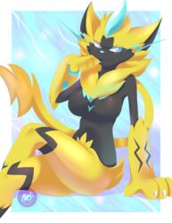  2018 anthro biped blue_eyes breasts claws crossed_legs female fur generation_7_pokemon hi_res legendary_pokemon nintendo obakawaii pokemon pokemon_(species) sitting smile solo yellow_body yellow_fur zeraora 