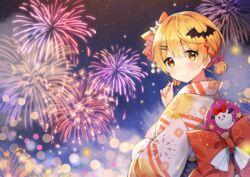  ayamy bat_hair_ornament blonde_hair blush bow breasts commentary female firework_background fireworks from_behind hair_between_eyes hair_ornament hair_ribbon hairbow hairclip hololive japanese_clothes jewelry kimono looking_at_viewer looking_back orange_bow orange_eyes pink_ribbon ribbon short_hair smile solo virtual_youtuber yozora_mel 