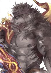  2019 abs accessory biceps brown_body brown_fur canid canine canis fur grey_body grey_fur hair headband lifewonders male mammal multicolored_body multicolored_fur muscular muscular_male nipples orenjimaru pecs simple_background solo tokyo_afterschool_summoners two_tone_body two_tone_fur volkh_vseslav_(tas) white_background wolf yellow_eyes 