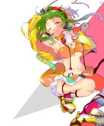  amulet arms_up bad_id bad_twitter_id blush commentary crop_top female frilled_skirt frills green_eyes green_hair gumi highres jacket looking_at_viewer midriff navel one_eye_closed orange_skirt oyamada_gamata roller_skates short_hair_with_long_locks sidelocks skates skirt smile solo squatting vocaloid yellow_jacket 