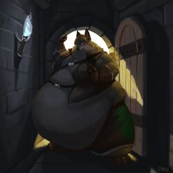  1:1 anthro belly belly_overhang big_belly brick_wall caleb_lloyd caleblloyd canid canine chubby_cheeks clothed clothing detailed_background door fox fur gloves handwear hi_res huge_belly hyper hyper_belly inside male mammal moobs obese obese_anthro obese_male open_clothing open_topwear open_vest orange_body orange_fur overweight overweight_anthro overweight_male solo standing stuck thick_thighs topwear torch vest wall_(structure) white_body white_fur wide_hips 