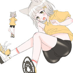  absurdres alternate_costume animal_ears ass bangs bike_shorts blunt_bangs blush breasts cat_ears drawstring female grey_hair hair_ornament highres hood hoodie multiple_views niyah no_gloves ribbon shoes short_hair simple_background small_breasts sneakers socks white_background xenoblade_(series) xenoblade_2 yellow_eyes yellow_hoodie yellow_ribbon 