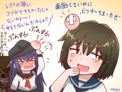  &gt;_&lt; 3girls akatsuki_(kancolle) arm_up black_hair blush brown_hair commentary_request false_smile folded_ponytail hand_on_own_head head_bump ichininmae_no_lady inazuma_(kancolle) kantai_collection long_hair mitchell_(dynxcb25) miyuki_(kancolle) multiple_girls neckerchief open_mouth plasma-chan_(kancolle) purple_eyes school_uniform serafuku short_hair skirt smile sneer tears translation_request 