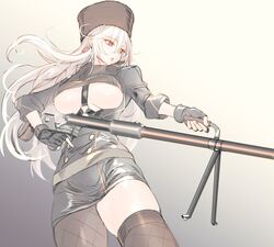  anti-materiel_rifle asymmetrical_legwear black_gloves bolt_action breasts commentary_request female fingerless_gloves fishnet_pantyhose fishnet_thighhighs fishnets fur_hat girls&#039;_frontline gloves gun hat highres large_breasts long_hair mole mole_under_eye pantyhose papakha pink_eyes pottsness ptrd-41 ptrd_(girls&#039;_frontline) rifle single_leg_pantyhose single_thighhigh skindentation sniper_rifle solo thighhighs underboob uneven_legwear weapon white_hair 