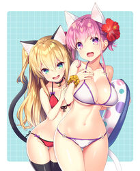  2girls :d :o animal_ear_fluff animal_ears aqua_eyes bare_arms bare_shoulders bell bikini black_choker black_legwear blonde_hair breasts cat_ears cat_girl cat_tail choker cleavage collarbone commentary_request cowboy_shot flower front-tie_bikini_top front-tie_top hair_between_eyes hair_flower hair_ornament halterneck hand_on_own_chest hibiscus innertube jingle_bell large_breasts long_hair looking_at_viewer multiple_girls navel open_mouth original polka_dot purple_eyes purple_hair red_bikini red_flower scrunchie short_hair side-tie_bikini_bottom skindentation smile standing stomach swim_ring swimsuit tahya tail thigh_gap thighhighs thighs two_side_up white_bikini wrist_scrunchie 