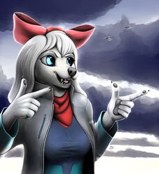  2018 5_fingers accessory anthro arwing bird_dog blue_eyes bow_(feature) bow_accessory bow_ribbon breasts canid canine canis centered_hair_bow claws clothed clothing cloud digital_media_(artwork) domestic_dog fay_(star_fox) female finger_gun fingers fully_clothed fur gesture hair_accessory hair_ribbon hairbow hand_gesture hi_res hunting_dog jacket mammal mdigamma1 nintendo open_mouth pawpads ribbons signature smile solo spaniel star_fox teeth tongue topwear white_body white_fur 