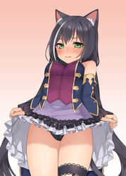  animal_ear_fluff animal_ears bad_id bad_pixiv_id bare_shoulders black_hair black_panties blue_sleeves blush breasts brown_background canape_(canape0130) cat_ears cat_girl cat_tail closed_mouth clothes_lift commentary detached_sleeves female frilled_skirt frills gradient_background green_eyes karyl_(princess_connect!) lifting_own_clothes long_hair long_sleeves looking_at_viewer low_twintails medium_breasts multicolored_hair nose_blush panties princess_connect! purple_skirt skirt skirt_lift sleeveless sleeves_past_wrists solo streaked_hair tail twintails underwear very_long_hair white_background white_hair 