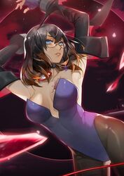  animal_ears bare_shoulders black_hair bloodstained:_ritual_of_the_night blue_eyes breasts brown_hair commentary_request cosplay fake_animal_ears female glasses gradient_hair hair_between_eyes hair_ornament horns ian_olympia leotard lili_(bloodstained) lili_(bloodstained)_(cosplay) looking_at_viewer medium_breasts miriam_(bloodstained) moon multicolored_hair night pantyhose playboy_bunny rabbit_ears rabbit_tail short_hair smile solo stained_glass tail tattoo 