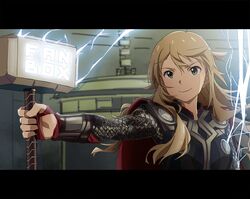  armor blonde_hair clenched_hand commentary_request cosplay electricity female green_eyes hair_between_eyes hammer hand_up holding hoshii_miki idolmaster letterboxed long_hair long_sleeves looking_at_viewer looking_to_the_side marvel marvel_cinematic_universe messy_hair mjolnir_(marvel) outstretched_arm shoulder_pads smile solo taku1122 thor_(marvel) thor_(marvel)_(cosplay) upper_body weapon 