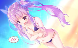  alternate_costume bare_arms bare_legs bare_shoulders bikini blush blush_stickers breasts collarbone commentary_request dutch_angle female flat_chest from_above hair_ribbon hand_on_own_chest kyoka_(princess_connect!) long_hair looking_away masaki_kei navel open_mouth photoshop_(medium) princess_connect! purple_hair ribbon side-tie_bikini_bottom solo spoken_blush standing string_bikini sweatdrop swimsuit twintails very_long_hair wavy_mouth 