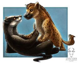  alpha_channel badger black_body black_fur black_nose brown_body brown_fur digital_media_(artwork) duo fur hydlunn hyena lying mammal mustelid musteline on_back smile spotted_hyena 