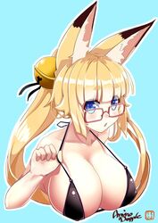  alternate_hairstyle amino_dopple animal_ears bell bikini bikini_day black_bikini blonde_hair blue_background blue_eyes blunt_bangs blush breasts cleavage commentary_request eyes_visible_through_hair female fox_ears glasses hair_bell hair_ornament honami_mikura_(amino_dopple) jingle_bell large_breasts long_hair micro_bikini original red-framed_eyewear signature simple_background solo strap_pull swimsuit thick_eyebrows twintails upper_body 