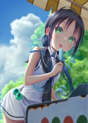  black_sailor_collar blue_hair blue_sky blush cloud cloudy_sky commentary_request cowboy_shot day female food from_below gradient_hair green_eyes hane_yoshiyumi highres holding holding_food kantai_collection long_hair low_twintails miniskirt multicolored_hair outdoors popsicle ribbon sailor_collar school_uniform serafuku skirt sky sleeveless solo suzukaze_(kancolle) sweat tongue tongue_out tree twintails white_skirt 