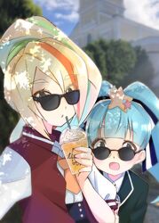  2girls :o black_jacket blonde_hair blue_hair blue_ribbon blue_sky blunt_bangs blurry blurry_background building cloud cloudy_sky commentary_request cup dappled_sunlight day depth_of_field disposable_cup dress_shirt drinking_straw eyes_visible_through_hair hair_ornament hair_over_one_eye hair_ribbon highres holding holding_cup hoshikawa_lily jacket letterman_jacket light_blue_hair light_green_hair long_hair looking_at_viewer looking_over_eyewear multicolored_hair multiple_girls neckerchief nikaidou_saki open_clothes open_jacket open_mouth orange_hair orange_neckerchief outdoors parted_lips ponytail red_jacket ribbon shirt sky smile standing star_(symbol) star_hair_ornament streaked_hair sunglasses sunlight toon_(noin) twintails white_shirt zombie_land_saga 