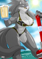  absurd_res alcohol bandage beach beer beverage bikini breasts canid canine canis clothing cloud female hi_res mammal one_eye_closed rule_63 seaside shonuff shred_(shonuff) sky solo sun swimwear tools upstairstudios wink wolf wrench 