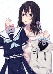  black_hair blue_dress blush bow braid clothes_hanger collarbone drawstring dress female fujiwara_hajime grey_hoodie hair_between_eyes hair_ornament hairbow hairclip hands_up highres holding holding_clothes holding_clothes_hanger hood hood_down hooded_jacket hoodie idolmaster idolmaster_cinderella_girls jacket long_hair looking_at_viewer md5_mismatch minamiya_mia open_mouth purple_bow red_eyes resolution_mismatch sailor_collar sailor_dress sleeveless sleeveless_hoodie solo source_larger striped_clothes striped_jacket white_background white_sailor_collar 