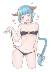  :3 alternate_breast_size aqua_hair arm_at_side bare_arms bare_shoulders bikini blunt_bangs breasts bright_pupils brown_horns commentary_request contrapposto cowboy_shot cropped_legs draph female granblue_fantasy head_tilt heart highres horns lamretta long_braid long_hair looking_at_viewer lowleg lowleg_bikini mibushido_(milking) navel no_nose o-ring o-ring_top open_mouth pointy_ears pulling_own_clothes red_eyes shoulder_blush side-tie_bikini_bottom simple_background solo standing strap_pull swimsuit very_long_hair white_background white_pupils 