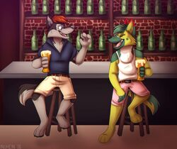  2016 3_toes 4_fingers alcohol anthro bar barefoot beer belt beverage biped black_body black_claws black_eyebrows black_fur black_nose black_tail blue_clothing blue_eyes blue_shirt blue_topwear bottle bottomwear canid canine canis claws clothed clothing container detailed_background dewshep digital_media_(artwork) domestic_dog duo eyebrows fangs feet fingerless_(marking) fingers front_view fur furniture german_shepherd glass green_body green_fur green_hair green_tail grey_body grey_fur grey_tail hair herding_dog holding_glass holding_object inner_ear_fluff inside inuhein laugh male mammal multicolored_body multicolored_fur multicolored_tail open_mouth pastoral_dog pink_bottomwear pink_clothing pink_nose pink_shorts red_body red_fur shirt short_hair shorts sitting smile stool storm_(stormwx_wolf) tail tank_top teeth toe_claws toes topwear tuft two_tone_body two_tone_fur two_tone_tail white_body white_clothing white_fur white_shirt white_topwear wolf yellow_body yellow_fur yellow_tail 