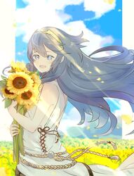  blue_eyes blue_hair commentary day female field fire_emblem fire_emblem_awakening flower flower_field highres holding holding_flower long_hair looking_at_viewer lucina_(fire_emblem) outdoors sasaki_(dkenpisss) smile solo sunflower sunflower_field symbol-only_commentary tiara 