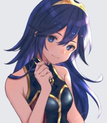  bad_id bad_twitter_id blue_eyes blue_hair closed_mouth commentary female fire_emblem fire_emblem_awakening fire_emblem_cipher gradient_background grey_background hoshido1214 long_hair lucina_(fire_emblem) simple_background smile solo swimsuit tiara upper_body 