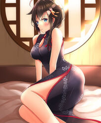  ahoge alternate_costume bare_shoulders black_hair blue_eyes blush braid breasts china_dress chinese_clothes cleavage commentary_request dress female from_side hair_flaps hair_ornament hair_over_shoulder highres kantai_collection looking_at_viewer medium_breasts shigure_(kancolle) shigure_kai_ni_(kancolle) single_braid sitting solo thighs toyomi_13 