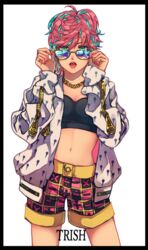  adapted_costume adjusting_eyewear aqua_eyes araiguma_(gomipanda123) blue-tinted_eyewear border breasts bruno_bucciarati bruno_bucciarati_(cosplay) chain_necklace chains character_name cleavage commentary_request cosplay cowboy_shot english_text female jacket jewelry jojo_no_kimyou_na_bouken lips looking_at_viewer looking_over_eyewear medium_breasts midriff nail_polish navel necklace open_mouth pink_hair purple-tinted_eyewear red_nails short_hair short_shorts shorts simple_background solo standing strapless sunglasses tinted_eyewear trish_una tube_top vento_aureo white_background zipper zipper_pull_tab 