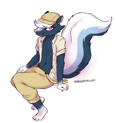  absurd_res animal_crossing anthro biped clothed clothing fur hat headgear headwear hi_res kicks_(animal_crossing) looking_at_viewer male mammal mephitid nintendo rainbowsprinklesart simple_background sitting skunk smile solo white_background 