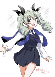  alternate_costume anchovy_(girls_und_panzer) bc_freedom_school_uniform black_ribbon black_skirt black_vest blue_necktie blue_sweater commentary cowboy_shot diagonal_stripes dress_shirt drill_hair female girls_und_panzer green_hair hair_ribbon katakori_sugita long_hair long_sleeves looking_at_viewer miniskirt necktie oerba_yun_fang one-hour_drawing_challenge open_mouth pleated_skirt red_eyes red_necktie ribbon school_uniform shirt simple_background skirt smile solo sparkle standing striped striped_necktie sweater sweater_around_neck twin_drills twintails twitter_username vest white_background white_shirt wing_collar 