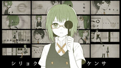  1boy black_hair commentary_request expressionless eye_chart female glasses green_eyes green_hair gumi holding landolt_c looking_at_viewer lyrics multiple_screens occluder school_uniform shiryoku_kensa_(vocaloid) short_hair sidelocks tama_(songe) title vocaloid 