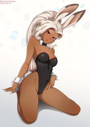  2019 5_fingers animal_humanoid big_breasts bow_(feature) bow_tie breasts bunny_costume clothed clothing costume dark_body dark_skin digital_media_(artwork) female final_fantasy final_fantasy_xii fingers fishnet_clothing fishnet_legwear fran_(final_fantasy) fur hair humanoid lagomorph lagomorph_humanoid legwear leotard looking_at_viewer mammal mammal_humanoid neocoill pink_eyes simple_background solo square_enix thick_thighs viera white_body white_fur white_hair 