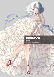  absurdres bare_shoulders blue_ribbon blush breasts cleavage collarbone dress female floating_hair frilled_dress frills from_side fukagawa_kazumi full_body gloves grey_background grey_eyes hair_ribbon high_heels highres knees_together_feet_apart konno_junko long_hair looking_at_viewer low_twintails nail_polish off-shoulder_dress off_shoulder open_mouth photoshop_(medium) red_footwear ribbed_dress ribbon sandals see-through short_eyebrows simple_background small_breasts smile solo standing stiletto_heels strappy_heels teeth toenail_polish toenails transparent twintails upper_teeth_only very_long_hair watermark wavy_hair wedding_dress white_dress white_gloves white_hair white_nails zombie_land_saga 