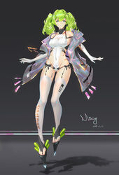  absurdres arms_at_sides ass_visible_through_thighs bad_id bad_pixiv_id blue_eyes breasts closed_mouth coat commentary covered_navel elbow_gloves female flower frame_arms_girl garter_straps gloves green_hair hair_flower hair_intakes hair_ornament highleg highleg_leotard highres leotard long_hair looking_at_viewer medium_breasts miyama_tsubaki_me open_clothes open_coat original photoshop_(medium) sideboob solo thighhighs toeless_legwear twintails white_thighhighs 