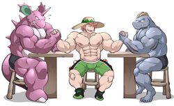  abs arm_wrestling bottomwear briefs bulge clothed clothing cross-popping_vein generation_1_pokemon group gym_leader hi_res human humor machoke maldu male mammal milo_(pokemon) muscular muscular_male navel nidoking nintendo nipples pecs pokemon pokemon_(species) shorts simple_background topless underwear vein white_background 