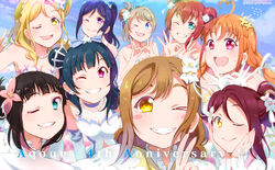  6+girls bare_shoulders black_hair blonde_hair blue_eyes blue_hair blush breasts cleavage cloud commentary_request dress everyone flower green_eyes grey_hair group_picture hair_bun hair_flower hair_ornament jewelry kitahara_tomoe_(kitahara_koubou) kunikida_hanamaru kurosawa_dia kurosawa_ruby long_hair looking_at_viewer love_live! love_live!_sunshine!! matsuura_kanan mole multiple_girls necklace ohara_mari one_eye_closed orange_hair pearl_necklace ponytail purple_eyes red_eyes red_hair sakurauchi_riko short_hair single_side_bun smile strapless strapless_dress takami_chika thank_you_friends!! tsushima_yoshiko v watanabe_you white_dress yellow_eyes 