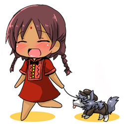  :d ^_^ animal asha_(fate) barefoot blush braid brown_hair brown_hat brown_jacket brown_pants cabbie_hat canine chibi closed_eyes clothed_animal colored_shadow commentary_request dress fate/grand_order fate_(series) female full_body hat indian_clothes jacket long_hair open_mouth oshiruko_(uminekotei) pants patxi_(fate) photoshop_(medium) red_dress shadow short_sleeves smile solo standing standing_on_one_leg twin_braids white_background 