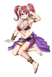  absurdres anklet armlet barefoot bikini breasts cleavage closed_mouth commentary ebinku english_commentary feet female fire_emblem fire_emblem_echoes:_shadows_of_valentia flower full_body hair_flower hair_ornament highres jewelry long_hair mae_(fire_emblem) pink_eyes pink_hair sarong simple_background smile solo swimsuit thigh_strap toes twintails white_background 